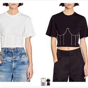Sandro NWT Strassy Rhinestone Bustier Tee (White)